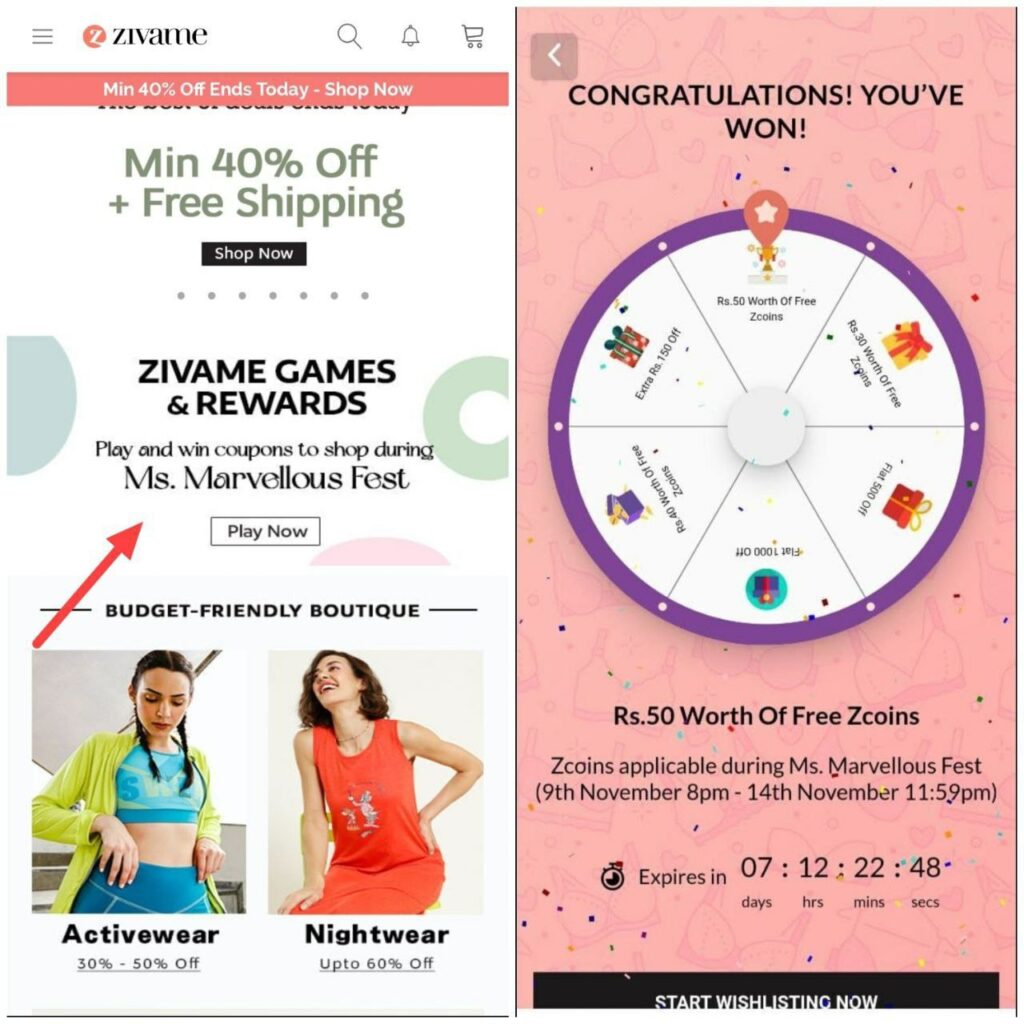 Zivame Spin & win : Get Free Zcoins & Coupons